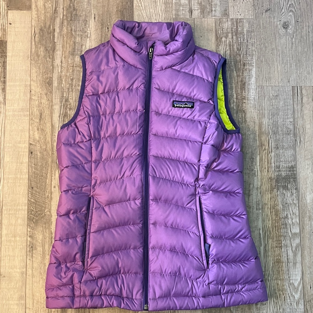 Patagonia Violet Puffer Vest with Yellow Accent